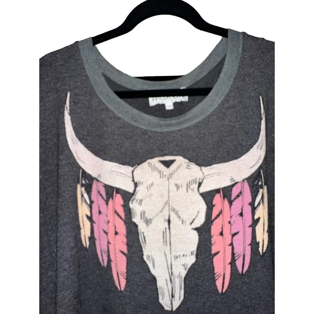 Wildfox Women's Outlaw Feather & Longhorn Oversized Pullover Sweater Size M Gray